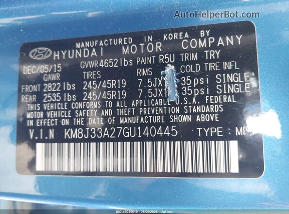 KM8J33A27GU140445 2016 HYUNDAI TUCSON Синий Вид подкапотного пространства