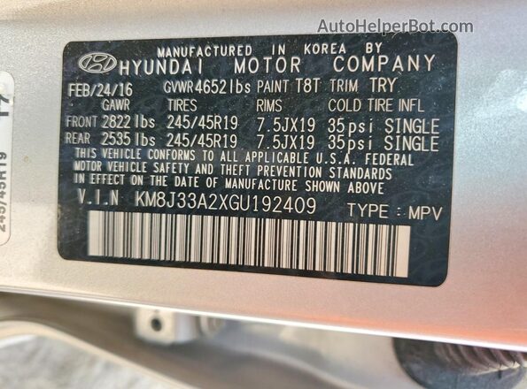 KM8J33A2XG0192409 2016 HYUNDAI TUCSON Серый Вид наклейки с VIN-кодом