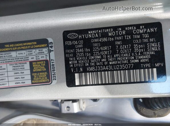 KM8J33A43LU235077 2020 HYUNDAI TUCSON Серый Вид подкапотного пространства
