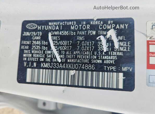 KM8J33A4XKU074886 2019 HYUNDAI TUCSON Белый Панорамный вид салона 360°