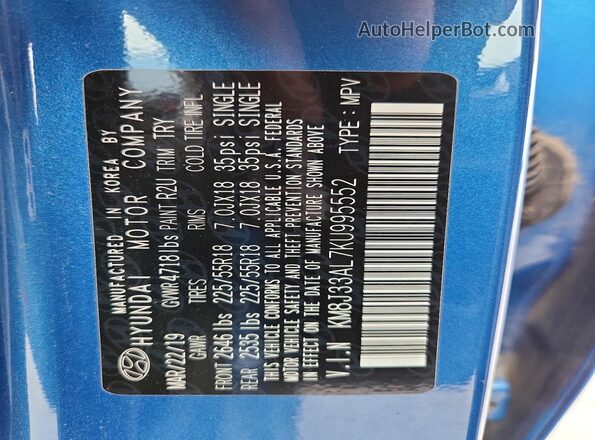 KM8J33AL7KU995552 2019 HYUNDAI TUCSON Blue Vista de la etiqueta del VIN