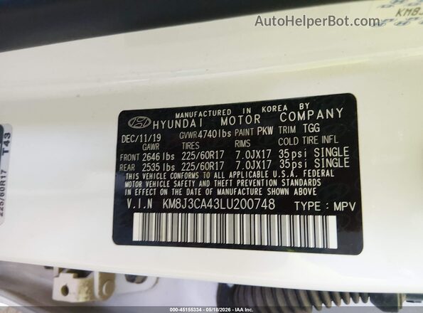 KM8J3CA43LU200748 2020 HYUNDAI TUCSON Белый Вид подкапотного пространства