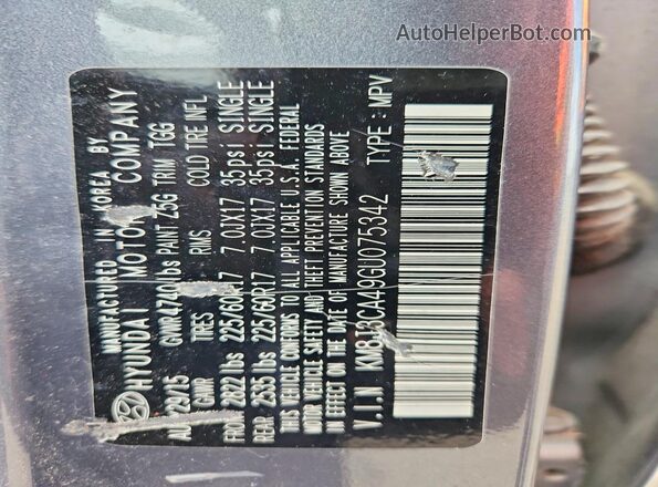 KM8J3CA49GU075342 2016 HYUNDAI TUCSON Синий Вид наклейки с VIN-кодом