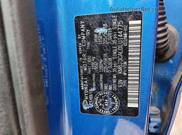 KM8J3CAL0LU144775 2020 HYUNDAI TUCSON Blue Widok naklejki z numerem VIN