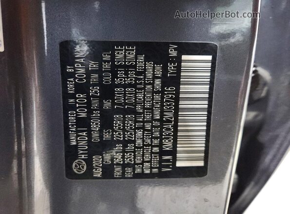 KM8J3CAL2MU337916 2021 HYUNDAI TUCSON Gray VIN კოდის სტიკერის ხედი