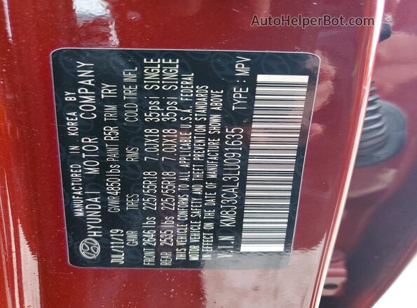 KM8J3CAL3LU091635 2020 HYUNDAI TUCSON Red Widok komory silnika