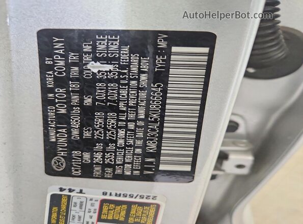 KM8J3CAL5KU866645 2019 HYUNDAI TUCSON Серебряный Вид наклейки с VIN-кодом