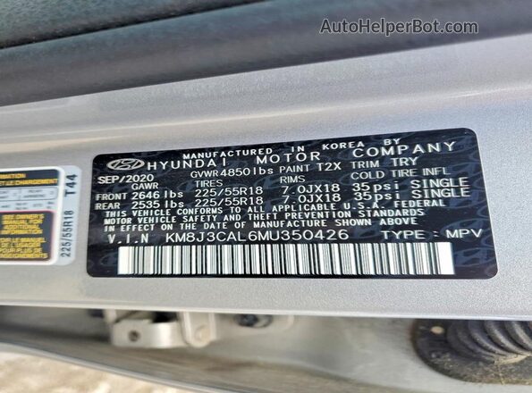 KM8J3CAL6MU350426 2021 HYUNDAI TUCSON Серебряный Вид наклейки с VIN-кодом