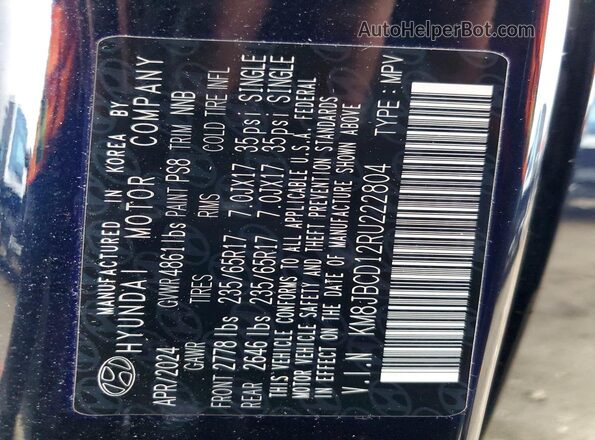 KM8JBCD12RU222804 2024 HYUNDAI TUCSON Blue Widok naklejki z numerem VIN