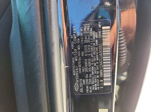KM8K12AA7LU430951 2020 HYUNDAI KONA Черный Вид наклейки с VIN-кодом