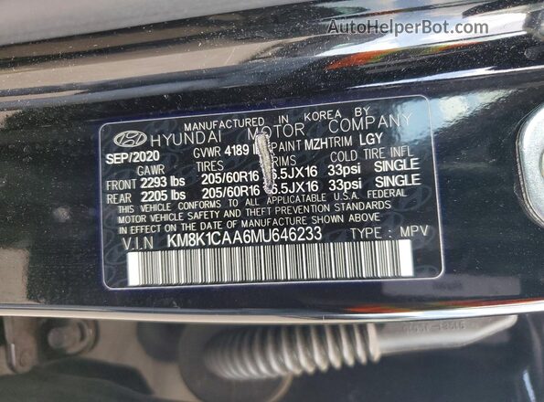 KM8K1CAA6MU646233 2021 HYUNDAI KONA Black Панорамний вид салону 360°