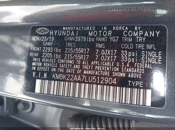 KM8K22AA7LU512904 2020 HYUNDAI KONA Серый Вид подкапотного пространства