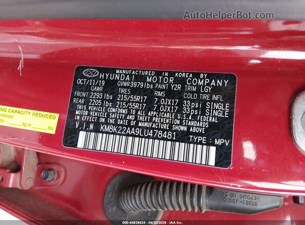 KM8K22AA9LU478481 2020 HYUNDAI KONA Red Вид підкапотного простору