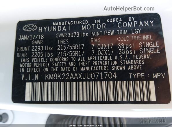 KM8K22AAXJU071704 2018 HYUNDAI KONA Белый Вид подкапотного пространства
