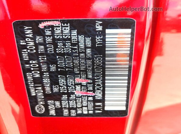 KM8K2CAA3JU073851 2018 HYUNDAI KONA Red Widok wnętrza 360 stopni
