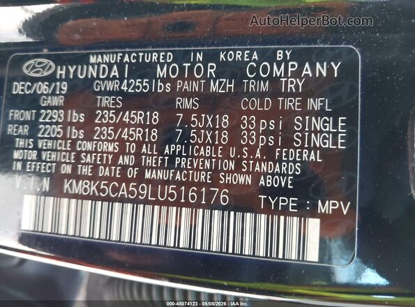 KM8K5CA59LU516176 2020 HYUNDAI KONA Черный Вид подкапотного пространства