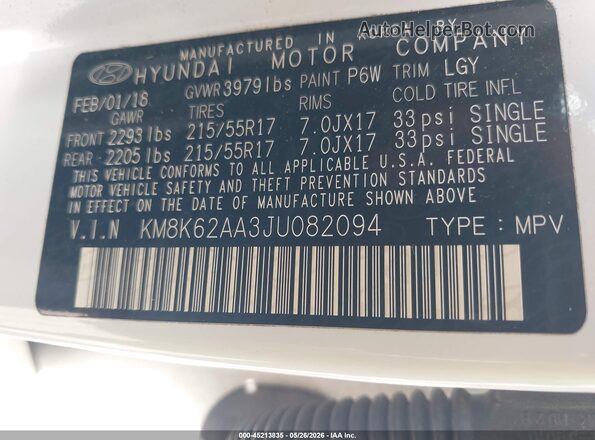 KM8K62AA3JU082094 2018 HYUNDAI KONA Белый Вид подкапотного пространства