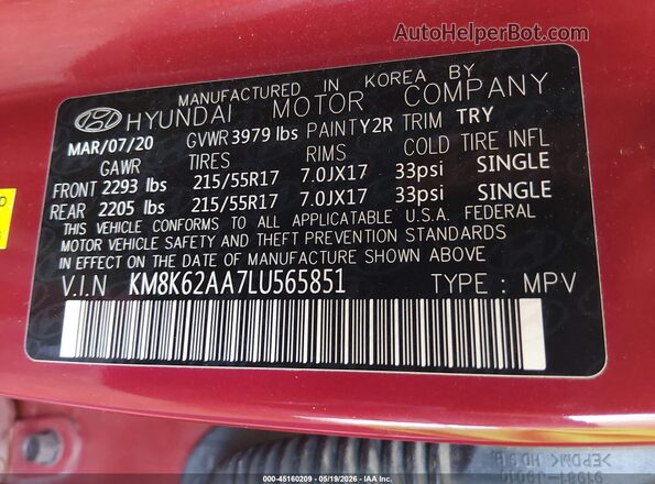 KM8K62AA7LU565851 2020 HYUNDAI KONA Red Widok komory silnika