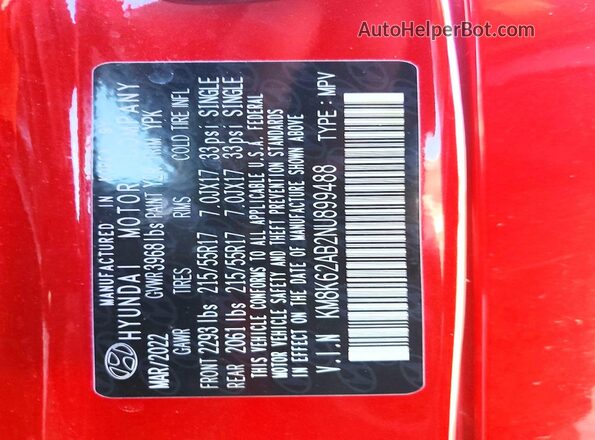 KM8K62AB2NU899488 2022 HYUNDAI KONA Красный Вид наклейки с VIN-кодом