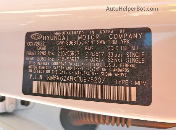 KM8K62ABXPU976207 2023 HYUNDAI KONA Белый Вид наклейки с VIN-кодом