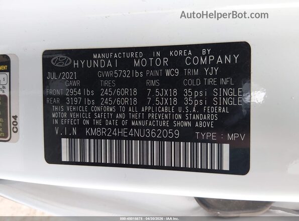 KM8R24HE4NU362059 2022 HYUNDAI PALISADE Белый Вид подкапотного пространства