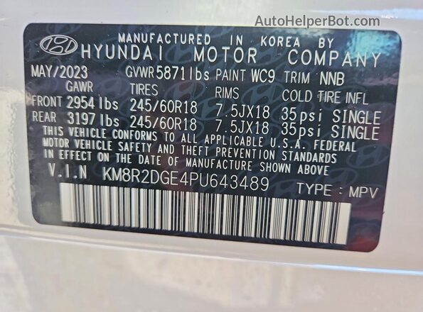 KM8R2DGE4PU643489 2023 HYUNDAI PALISADE Белый Вид наклейки с VIN-кодом