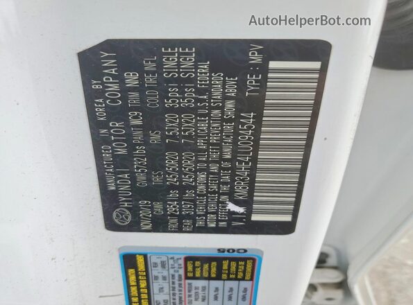KM8R34HE4LU094544 2020 HYUNDAI PALISADE White Widok wnętrza 360 stopni