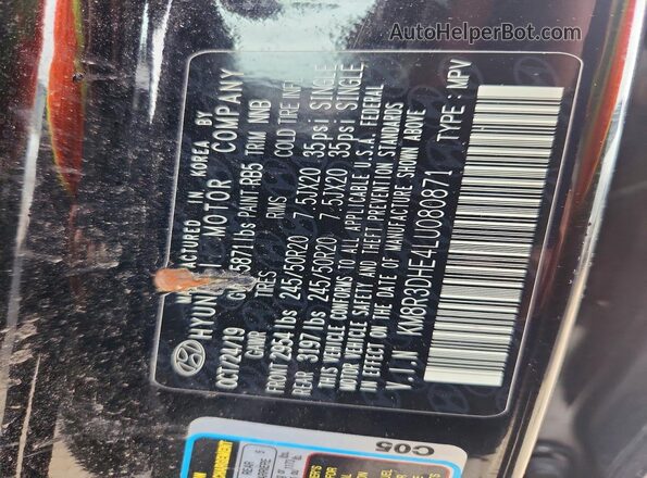 KM8R3DHE4LU080871 2020 HYUNDAI PALISADE Black Vista de la etiqueta del VIN