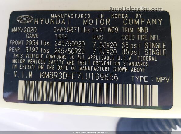 KM8R3DHE7LU169656 2020 HYUNDAI PALISADE White Widok komory silnika