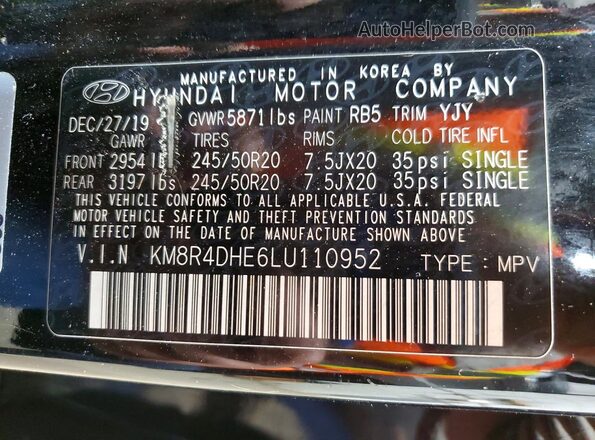 KM8R4DHE6LU110952 2020 HYUNDAI PALISADE Black Widok naklejki z numerem VIN