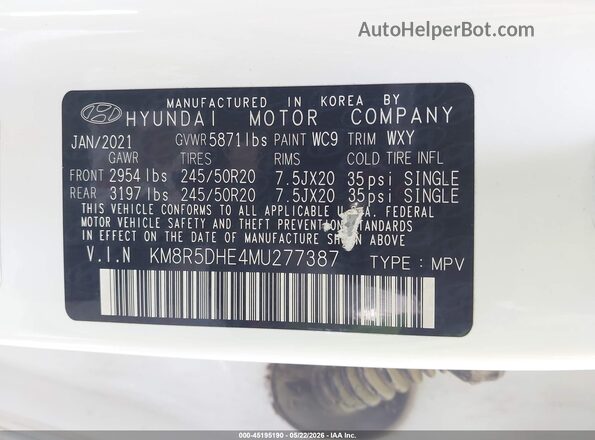 KM8R5DHE4MU277387 2021 HYUNDAI PALISADE Белый Вид подкапотного пространства