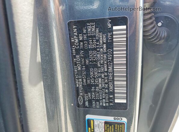 KM8R74HE8MU274910 2021 HYUNDAI PALISADE Серый Вид наклейки с VIN-кодом