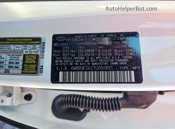 KM8RHESA2TU060891 2026 HYUNDAI PALISADE White Widok naklejki z numerem VIN