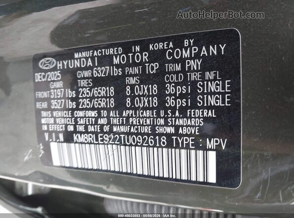 KM8RLES22TU092618 2026 HYUNDAI PALISADE Зеленый Вид подкапотного пространства