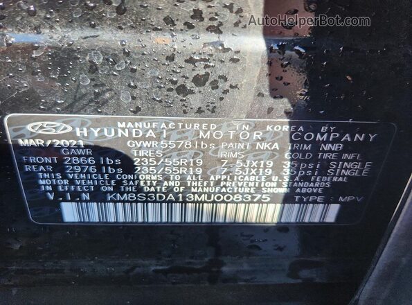 KM8S3DA13MU008375 2021 HYUNDAI SANTA Black 360 interior view