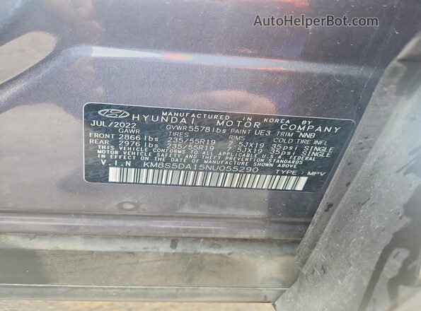 KM8S5DA15NU055290 2022 HYUNDAI SANTA Серый Вид наклейки с VIN-кодом