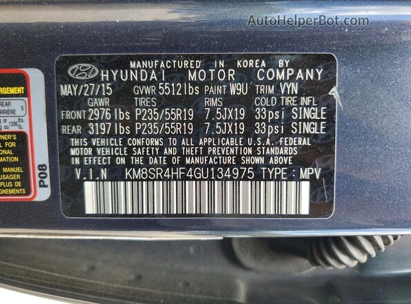 KM8SR4HF4GU134975 2016 HYUNDAI SANTA Charcoal Widok wnętrza 360 stopni