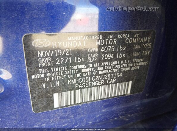 KMHC05LC2NU281164 2022 HYUNDAI IONIQ HYBRID Blue Շարժիչի բաժամունքի տեսք