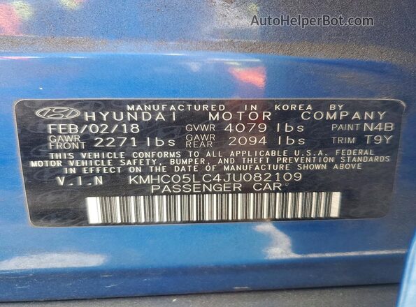 KMHC05LC4JU082109 2018 HYUNDAI IONIQ Синий Вид наклейки с VIN-кодом