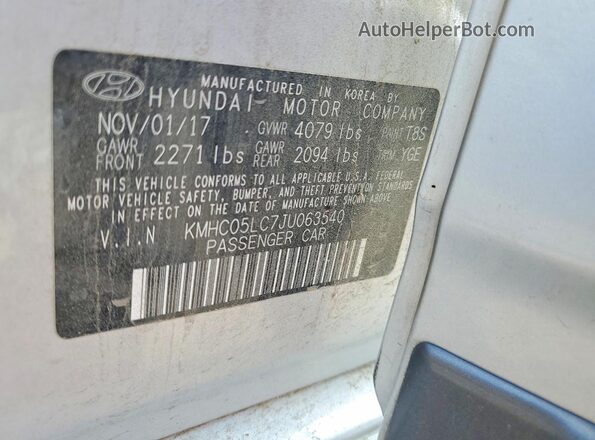 KMHC05LC7JU063540 2018 HYUNDAI IONIQ Серебряный Вид наклейки с VIN-кодом
