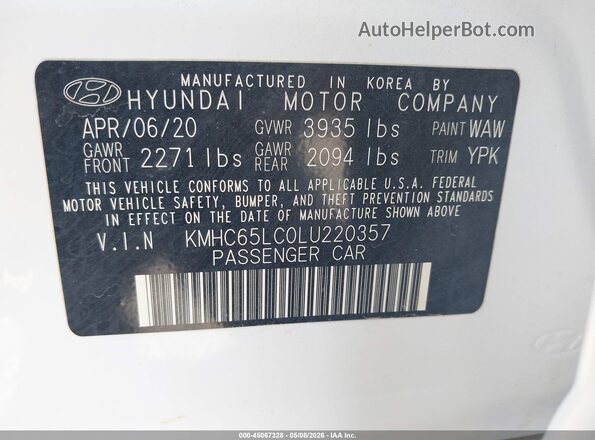 KMHC65LC0LU220357 2020 HYUNDAI IONIQ HYBRID White Շարժիչի բաժամունքի տեսք