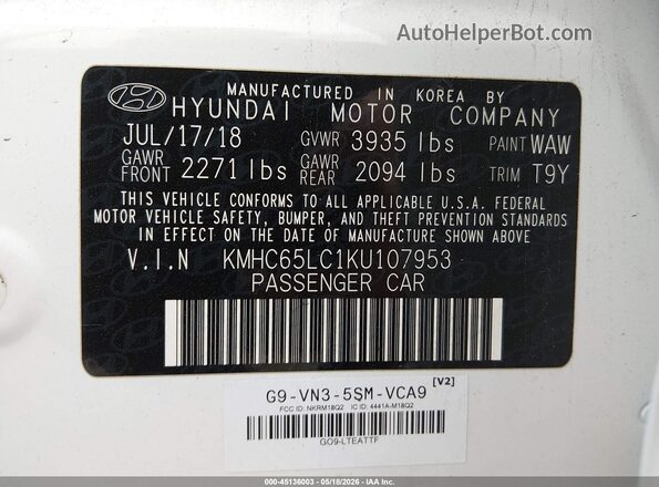 KMHC65LC1KU107953 2019 HYUNDAI IONIQ HYBRID White Շարժիչի բաժամունքի տեսք