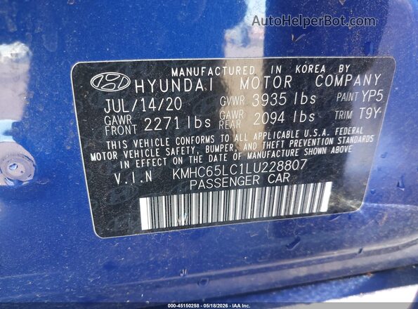 KMHC65LC1LU228807 2020 HYUNDAI IONIQ HYBRID Blue Շարժիչի բաժամունքի տեսք