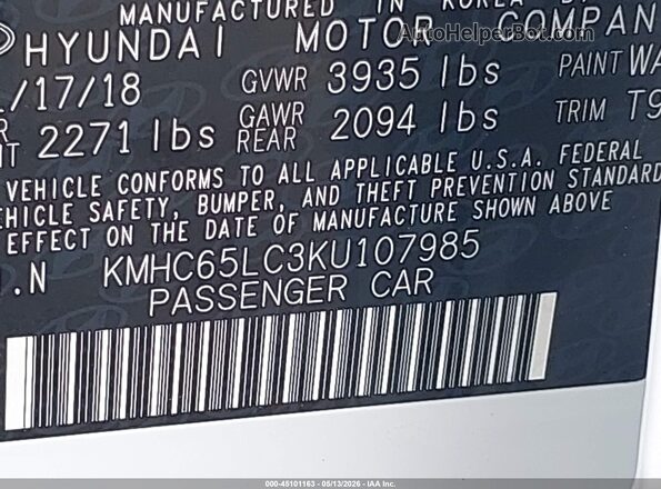 KMHC65LC3KU107985 2019 HYUNDAI IONIQ HYBRID Белый Вид подкапотного пространства