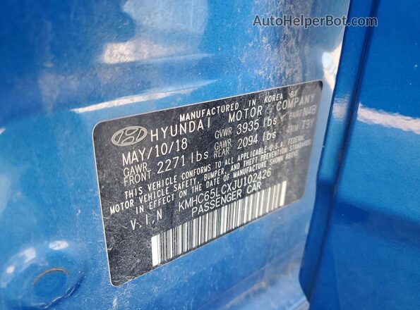 KMHC65LCXJU102426 2018 HYUNDAI IONIQ Blue Vista de la etiqueta del VIN