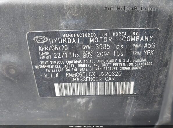 KMHC65LCXLU220320 2020 HYUNDAI IONIQ HYBRID Gray Շարժիչի բաժամունքի տեսք