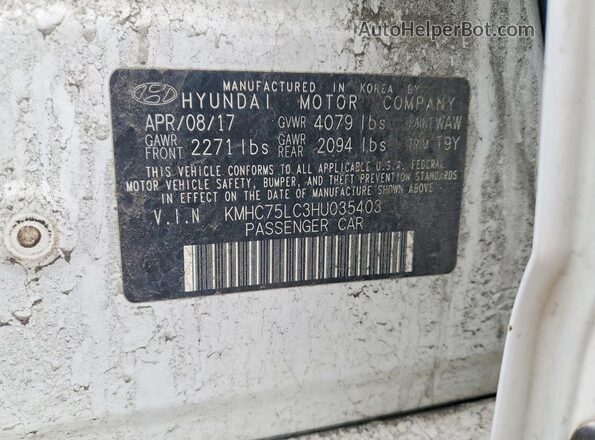 KMHC75LC3HU035403 2017 HYUNDAI IONIQ White Շարժիչի բաժամունքի տեսք