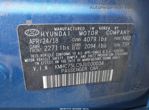 KMHC75LC9JU100034 2018 HYUNDAI IONIQ HYBRID Blue Вид підкапотного простору