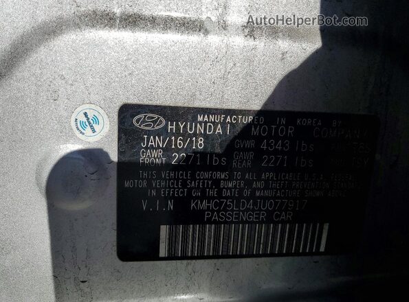 KMHC75LD4JU077917 2018 HYUNDAI IONIQ Silver Вид наклейки з VIN-кодом