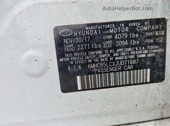 KMHC85LCXJU071687 2018 HYUNDAI IONIQ Белый Вид наклейки с VIN-кодом